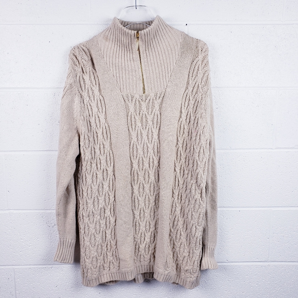 Escada Sport Beige Knit Quarter Zip Cable Knit Tunic Sweater‎ Angora Size Large